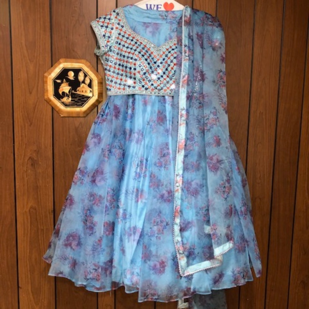 Beautiful Blue Floral Mirror Work Cancan Lehenga w Dupatta & Matching Earrings